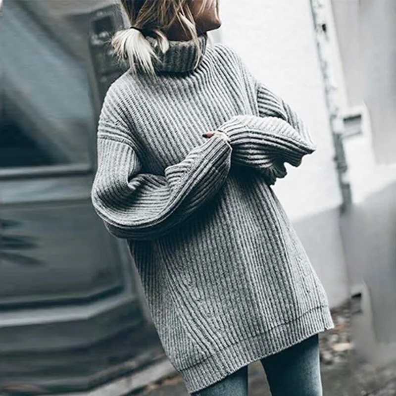 Осень зима Америка негабаритный пуловер с высоким воротником Толстая водолазка с длинными рукавами Повседневный серый черный женский свитер