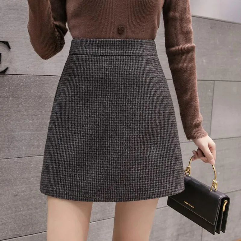 New Fashion Plaid A-Line Mini Skirt Women Autumn Winter High Waist Woolen Skirt Female Casual All-match Basic Short mini skirt women skirt
