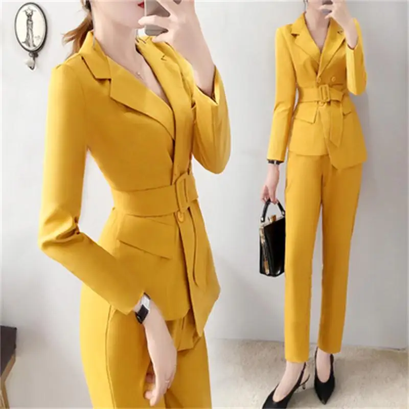 

Fashion pants suit female spring fall New High end Professional casual yellow Receive waist suit + pants two-piece suit women