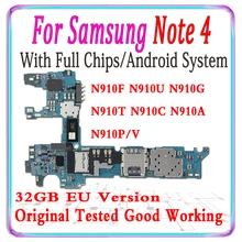 100% Original unlocked For Samsung Galaxy Note 4 N910U N910G N910F N910T N910C N910A N910P N910V Motherboard With Full chips MB