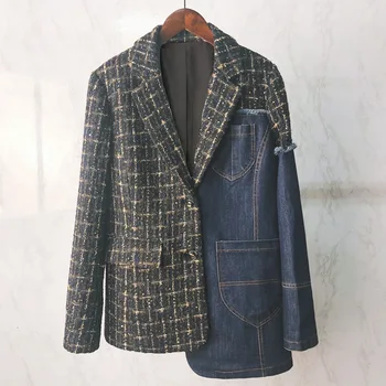 

LANMREM 2020 New Turn-down Collar Full Sleeves Plaided Denim Patchwork Contrast Colors Full Sleeves Single Breasted Blazer WJ928