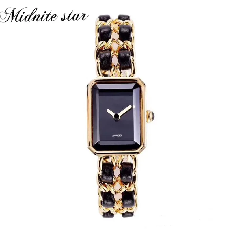 

MS Hot brand real Leather Watch rectangle stainless steel Women Watch double chain link twist Quartz Wrist watch Women 2 layer