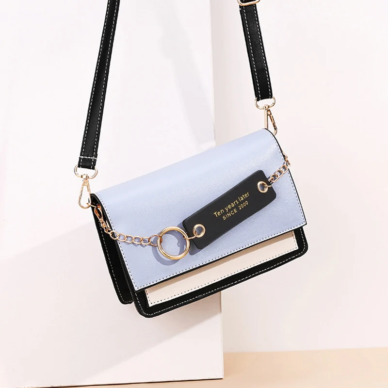 Fashion Contrast Color Shoulder Bag Women Metal Ring Crossbody PU Leather Square Small Flap Handbag Lady Shopping Purse | Багаж и сумки