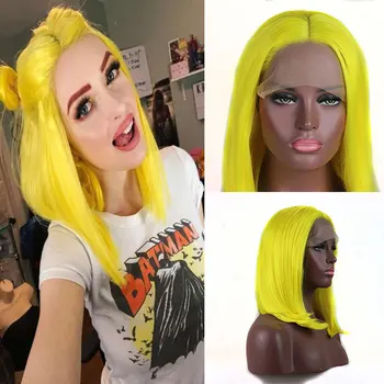 

Bomshell Yellow 13*3 Synthetic Lace Wig Black Bob Short Straight Natural Neutral Wig Suitable For White / Black Women