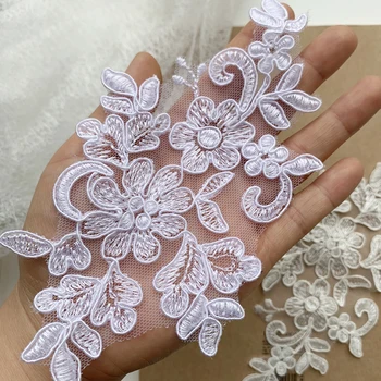 

10 Pairs=20pcs White, ivory lace flowers, embroidery cording lace appliques for wedding gowns, veils 2020 NEW