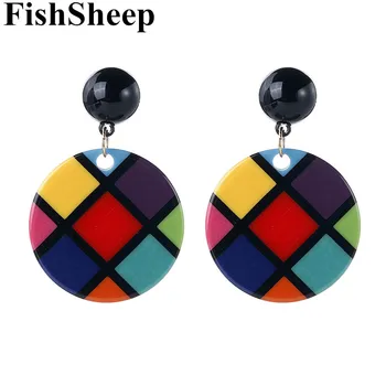 

FishSheep New Design Colorful Grids Pattern Acrylic Drop Earrings Geometric Round Big Dangle Earring 2020 Women Fashion Jewelry