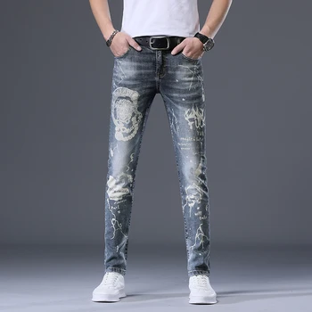 

New skinny mens jeans print for men stretch skinny slim pants men clothes trousers hip hop streetwear Spring grey