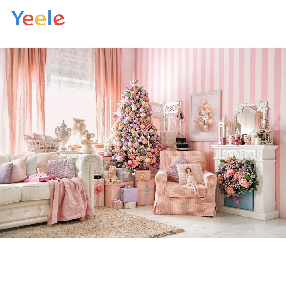 

Pink Princess Room Scene Christmas Tree Fireplace Photography Backgrounds Vinyl Custom Backdrops For Photo Studio Photocall