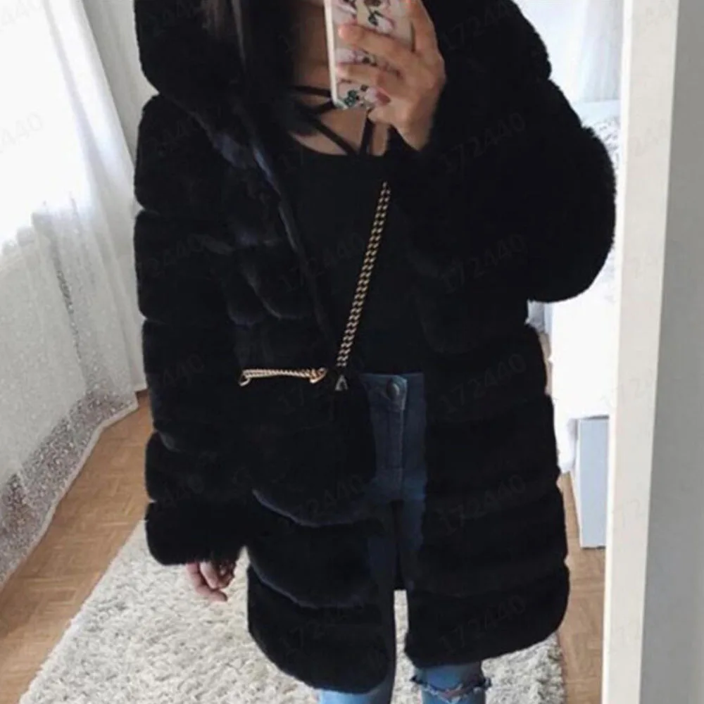 

Winter 2020 Warm Thick Faux Fur Overcoat Female Mid Length Fake Fur Long Sleeve Hooded Faux Fur Coat Women Fashion Outwears