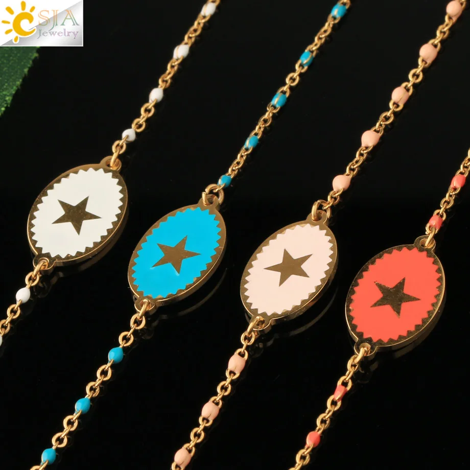 CSJA Stainless Steel Bracelet Women Enamel Star Charm Gold Color Link Chain Beaded Luxury Thin Acier Inoxydable Bracelets S718