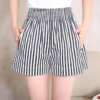 

Wearing Vertical Stripes High Waist Wide Leg Beach Summer Female Shorts Large Size Casual Hot Students Thin Tide
