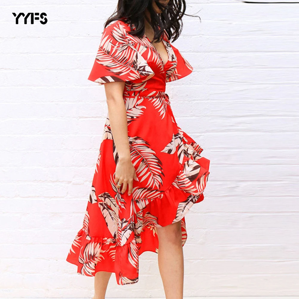 

Sexy V-neck Women Midi Dress Irregular Leaf Print Green Red Short Flare Sleeve Chiffon Lady Dresses Holiday Boho Woman Sundress