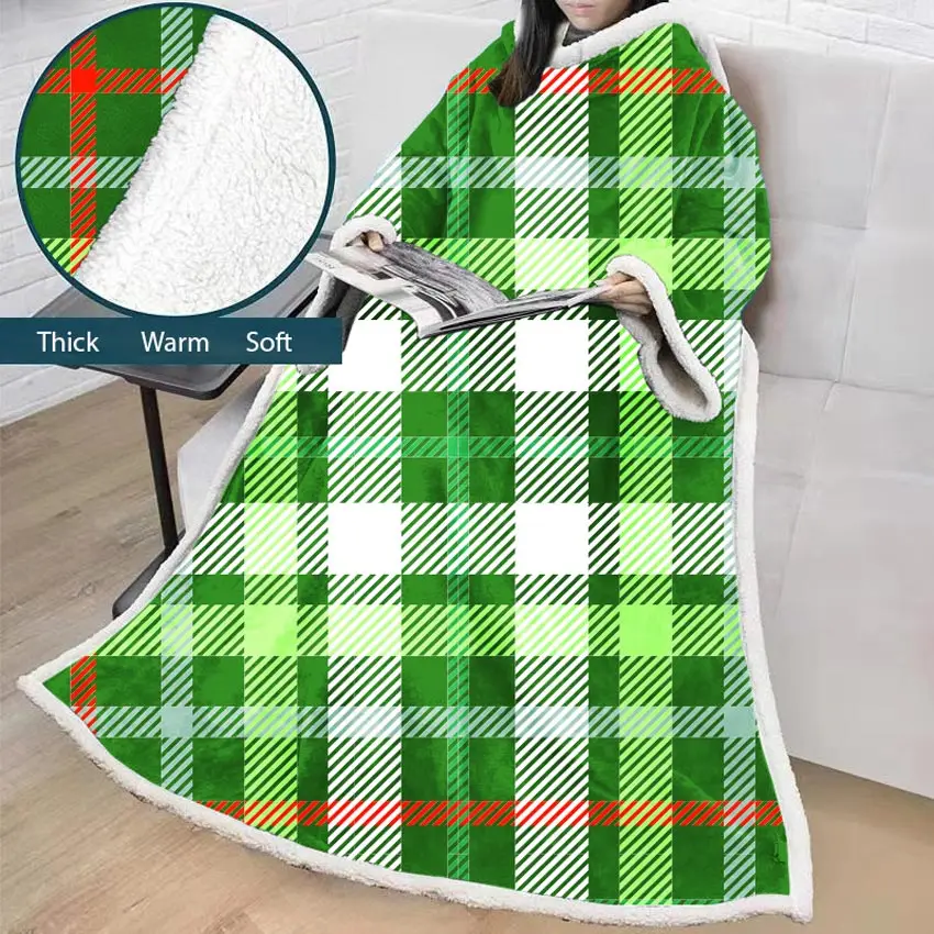 

Soft Plaid Lazy Blanket Winter Thick Sofa Geometric Blanket Wearable Cotton Velvet Blanket Home For Adults Travel With Sleeves