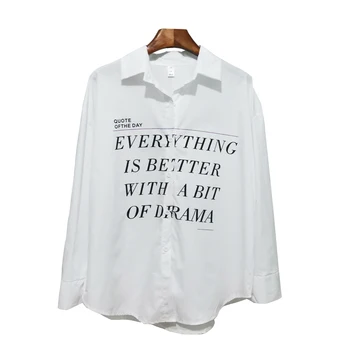 

Korean version of autumn loose wild letter printing white shirt mid-length long-sleeved cardigan casual shirt jacket women