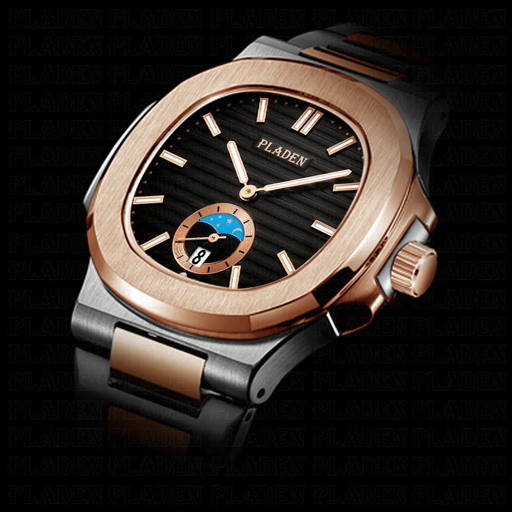 PLADEN Мужские классические часы из розового золота мужские Moonphase с автоматическим