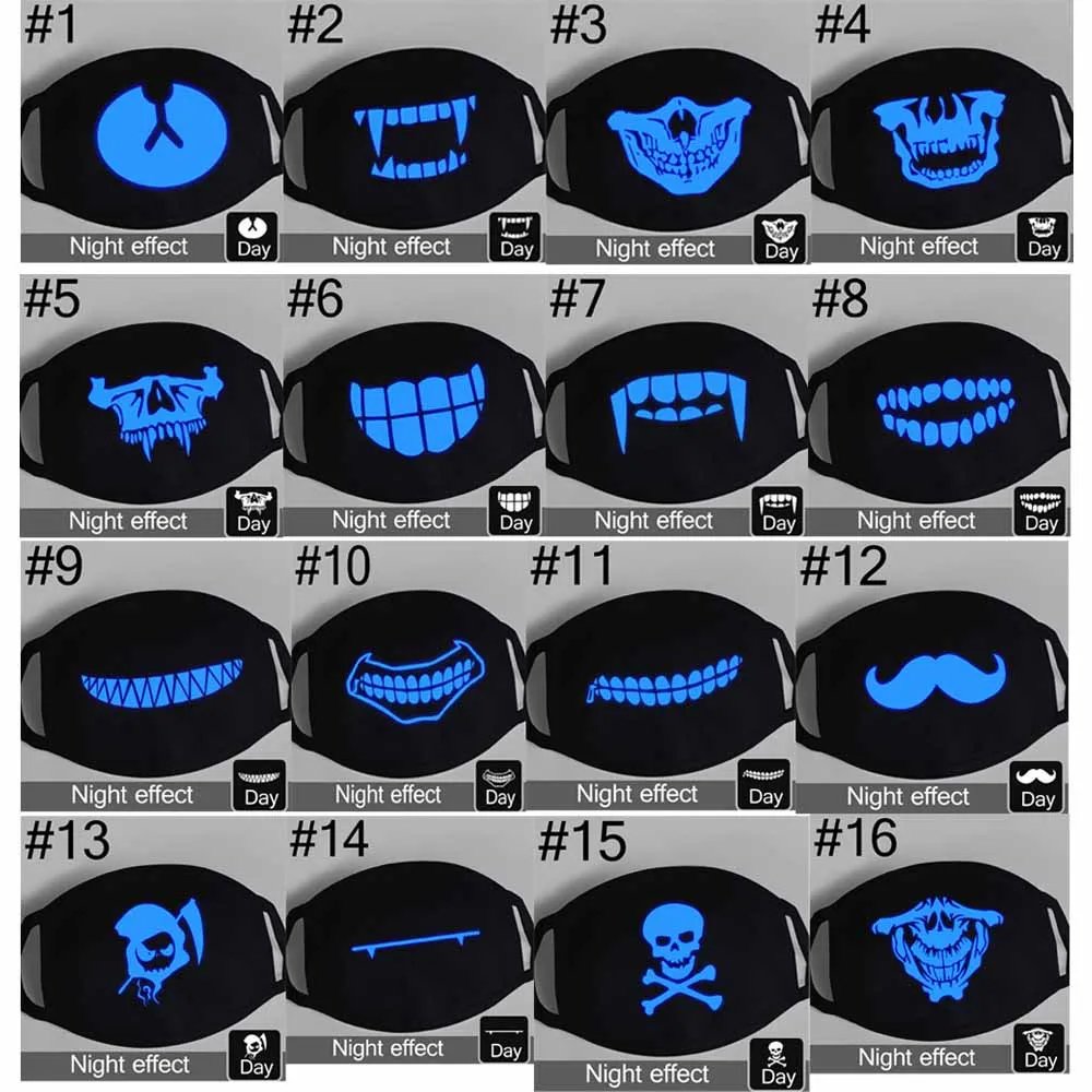 L. Mirror 1 шт. светящаяся хлопковая унисекс противопылевая черная маска для рта с синим принтом зубов вампира для мужчин, женщин и мальчиков