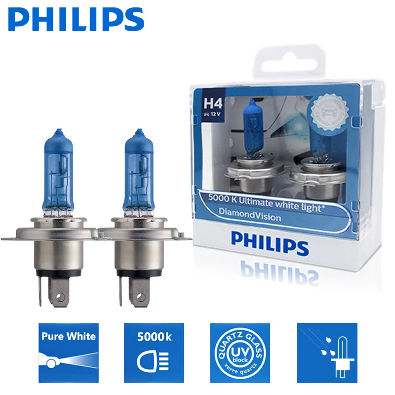 2 шт. автомобильные галогенные лампы Philips H4 9003 12 в 60/55 Вт P43t Diamond Vision 5000K|Лампы для