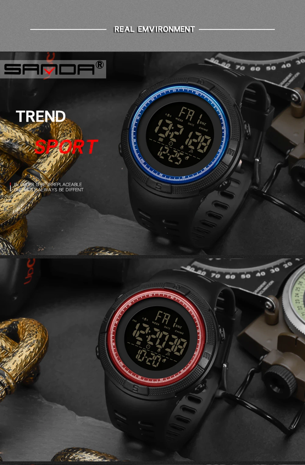 SANDA модные уличные спортивные часы для мужчин, многофункциональные часы с будильником, водонепроницаемые военные цифровые часы reloj hombre