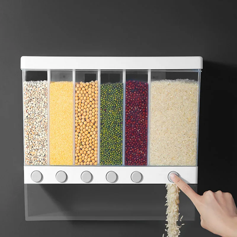 

Wall-Mounted Sub-Grid Rice Bucket Food Storage Containers Rice Dispenser Kitchen Organizer Grain Tank Cereal Dispenser Boxes