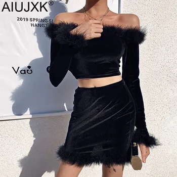

AIUJXK New Arrival 2020 Off Shoulder Patchwork Fuzzy Two 2 Piece Set Outfits Women Long Sleeve Sexy Club Crop Top And Skirt
