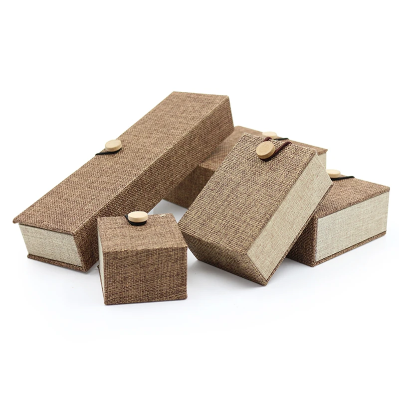 5PCS Burlap Wooden Buckle Series Jewelry Ring Pendant Bracelet Packaging Gift Built-in Black High-grade Flannel Card Slot