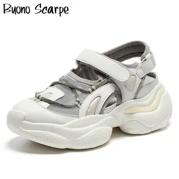 

Buono Scarpe Women Summer Sneakers Mesh Genuine Leather Platform Flat Shoes Bling Casual Leather Sports Sneakers Sandalias Mujer