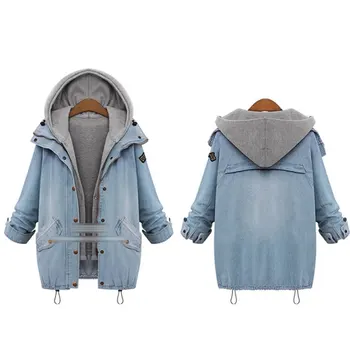 

2020 S Button Up Ladies Denim Women Jacket with Hooded 2 Piece 3XL Female Jean Plus Size Women Coat
