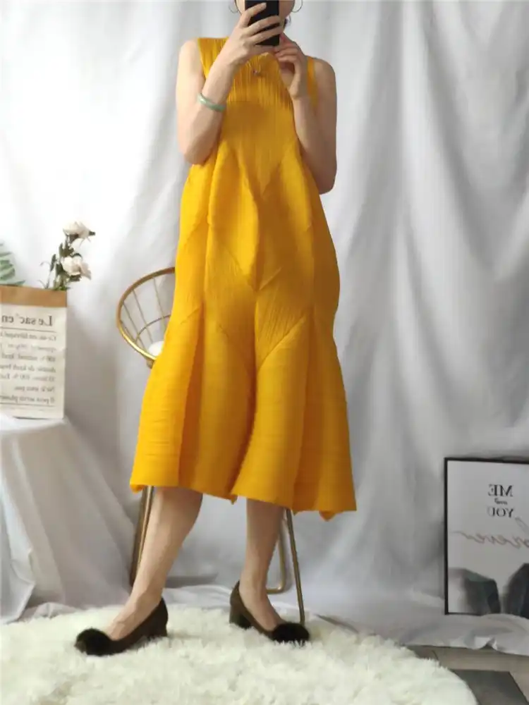 Miyake Robe Longue Plissee Lanterne Pour Femmes Tenue D Ete Grande Taille Sans Manches Bourgeon 2020 Aliexpress
