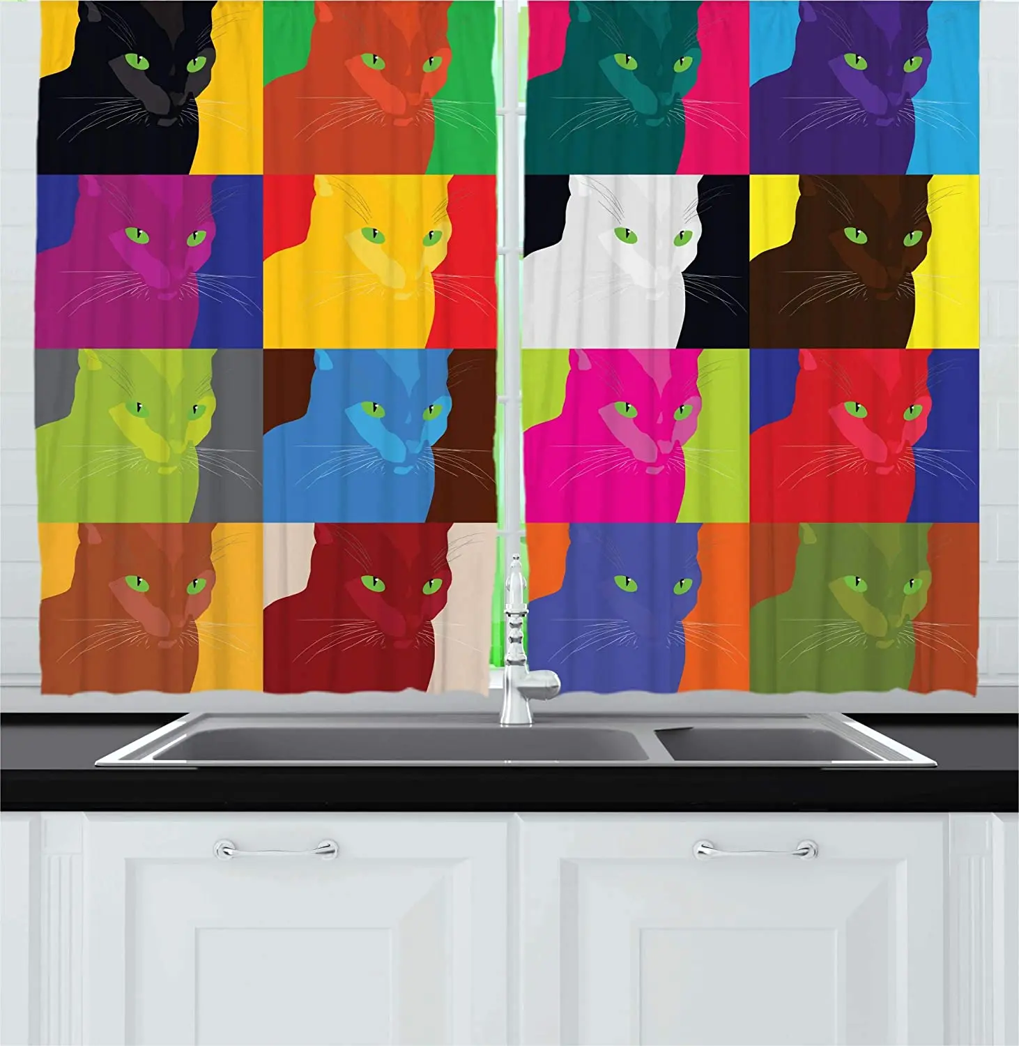Pastel Vermilion Cat Kitchen Curtains Pop Art Style Featured Fractal Kitty Portraits Frame Color Effects Print for Cafe | Дом и сад