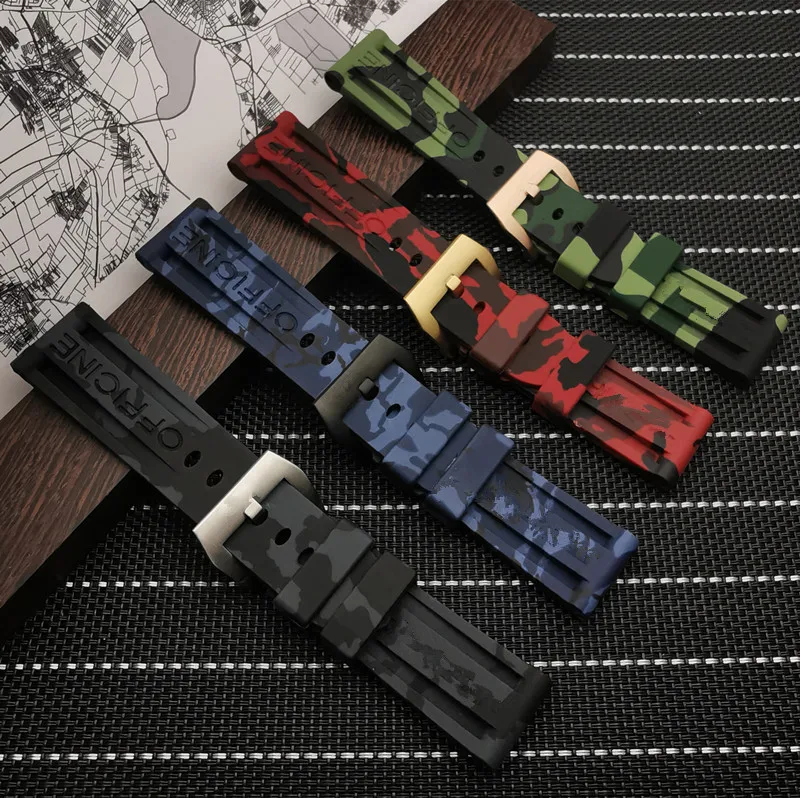 

22mm 24mm Sports Camo Gray Green Red Blue Silicone Rubber watchband For Panerai strap for PAM111/441 Watch band buckle tools