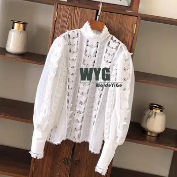 

Ladies Sweet Blouses 2020 Sping New Hollow Out Butterfly Lace Patchwork Long Sleeve Elegant Pink White Blouses Tops