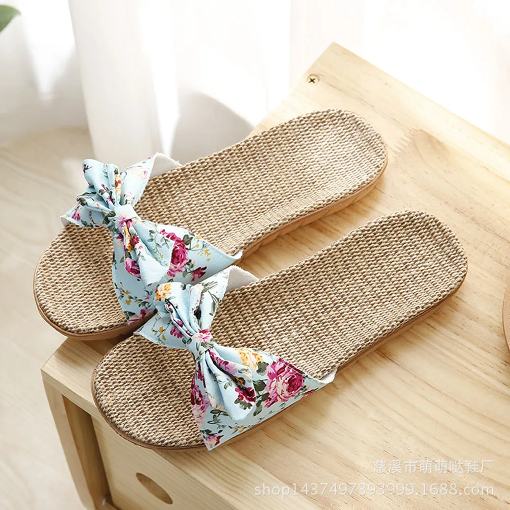 

New Summer Slippers Women Shoes Beach Slippers Female Casual Flax Butterfly Knot Non Slip Sandals Indoor Shoes Breathable Flats
