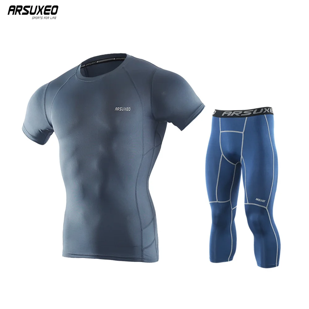 

ARSUXEO Men's Running Sets Compression Sports Suits Tights Short Sleeve Gym T Shirt Dry Fit Training sportswear Fitness C5K7