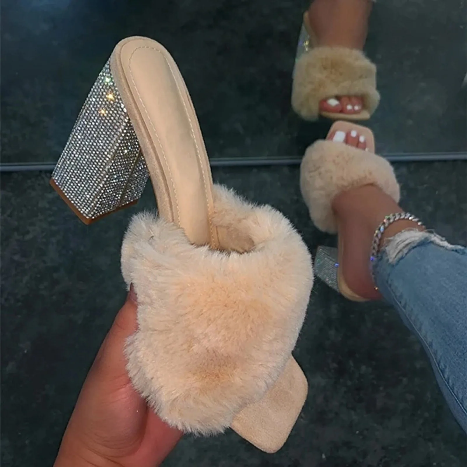 Litthing SpringSummer 2021 New Women Fur Rubber High Heel Rhinestone Platform Outdoor Leisure Slippers Banquet Party Sandals