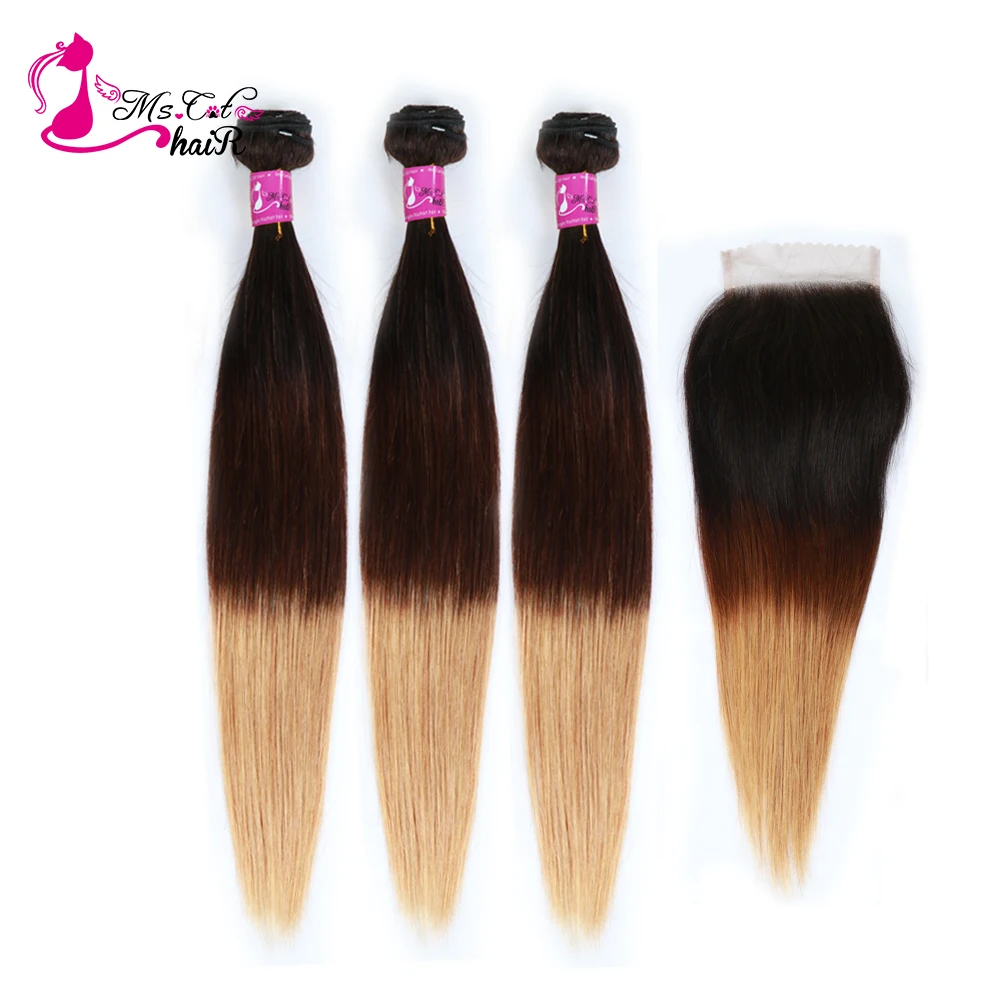 

Ms Cat Hair Pre-Colored Brazilian Straight Ombre Hair Bundles With 4x4 Lace Closure 1B/4/27 Remy Human Hair 2/3 Ombre Hair Weave