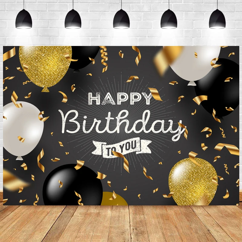 

Colorful Balloon Happy Birthday Party Backdrop Robbin Glitter Photography Background Adult Golden Black Photographic Banner