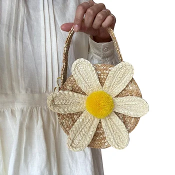 

Children Girls Tote Bag Large Opening Kids Girls Daisy Straw Top-Handle Bags Round Light Weight Portable Handbags