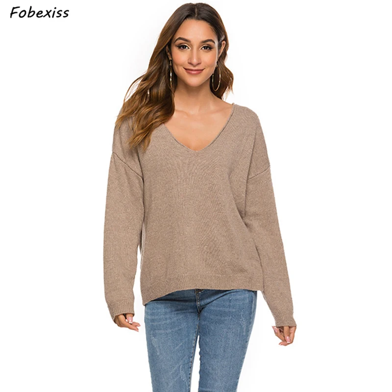 

Sweater Woman Fall 2019 Knitted V Neck Khaki Winter Sweaters Korean Style Batwing Sleeve Pullover Sweater Loose Casual Jumper