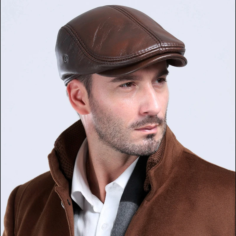 Tanie Moda brytyjski Beret mężczyźni prawdziwej skóry płaska czapka brązowy mężczyzna