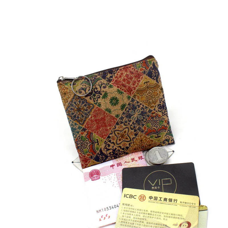 Mini Square Cork Coin Bag 2021 New Portugal Tile Pattern Cork Pouch Key Ring Zipper Sachet Change Purse Coin Case Wholesale