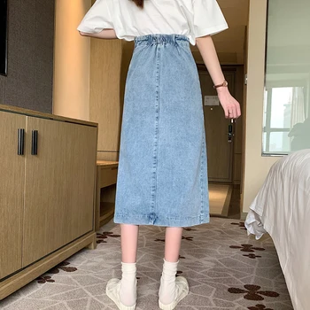 

Nicesnowl Summer 2020 New Pin Retro Split blue Denim Skirt Women's Mid-Length Hip Skirt