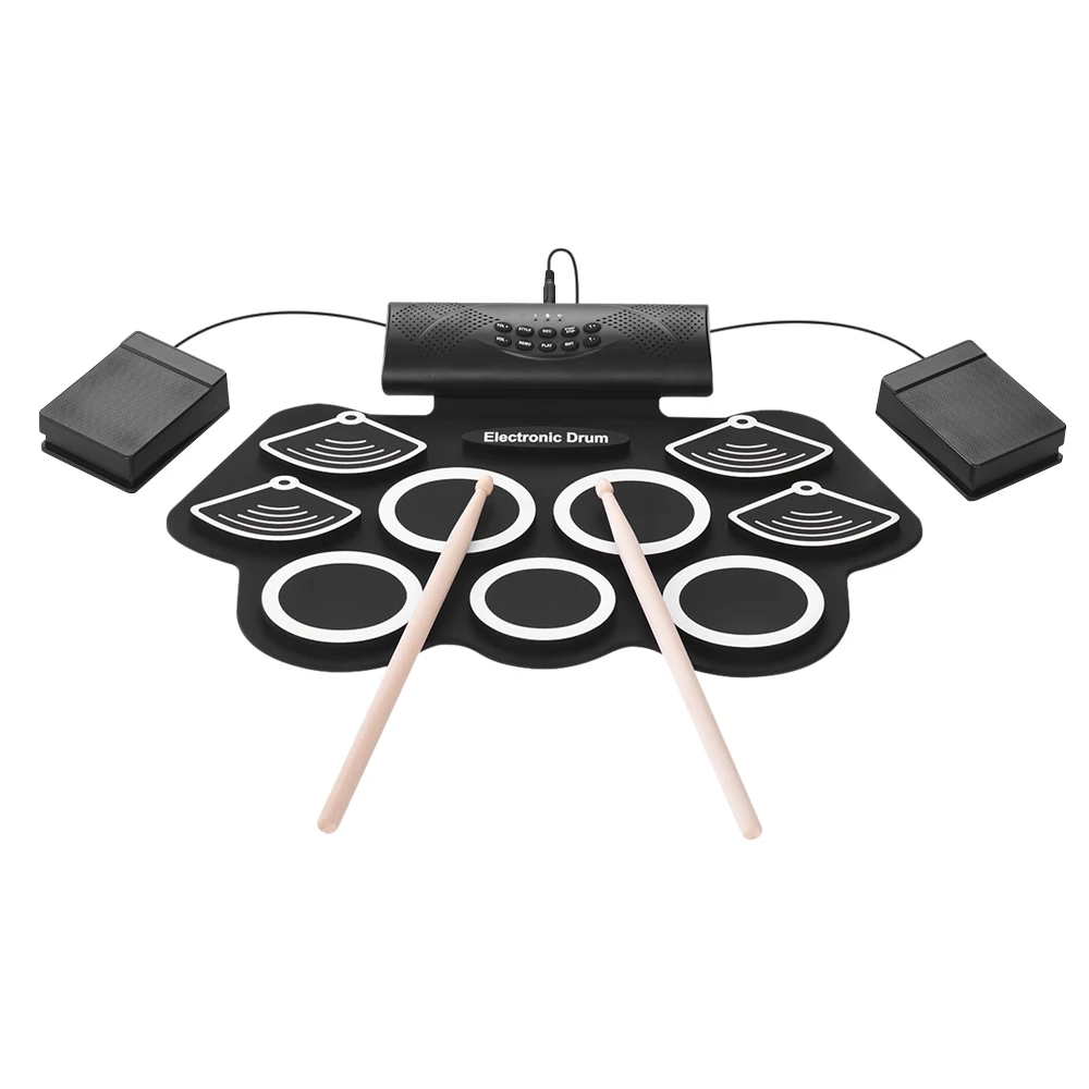 

Portable Electronic Drum Kit Hand Roll Drum Set 9 Silicon Pads Built-in Stereo Speaker with Drumsticks Foot Pedals 3.5mm Cable
