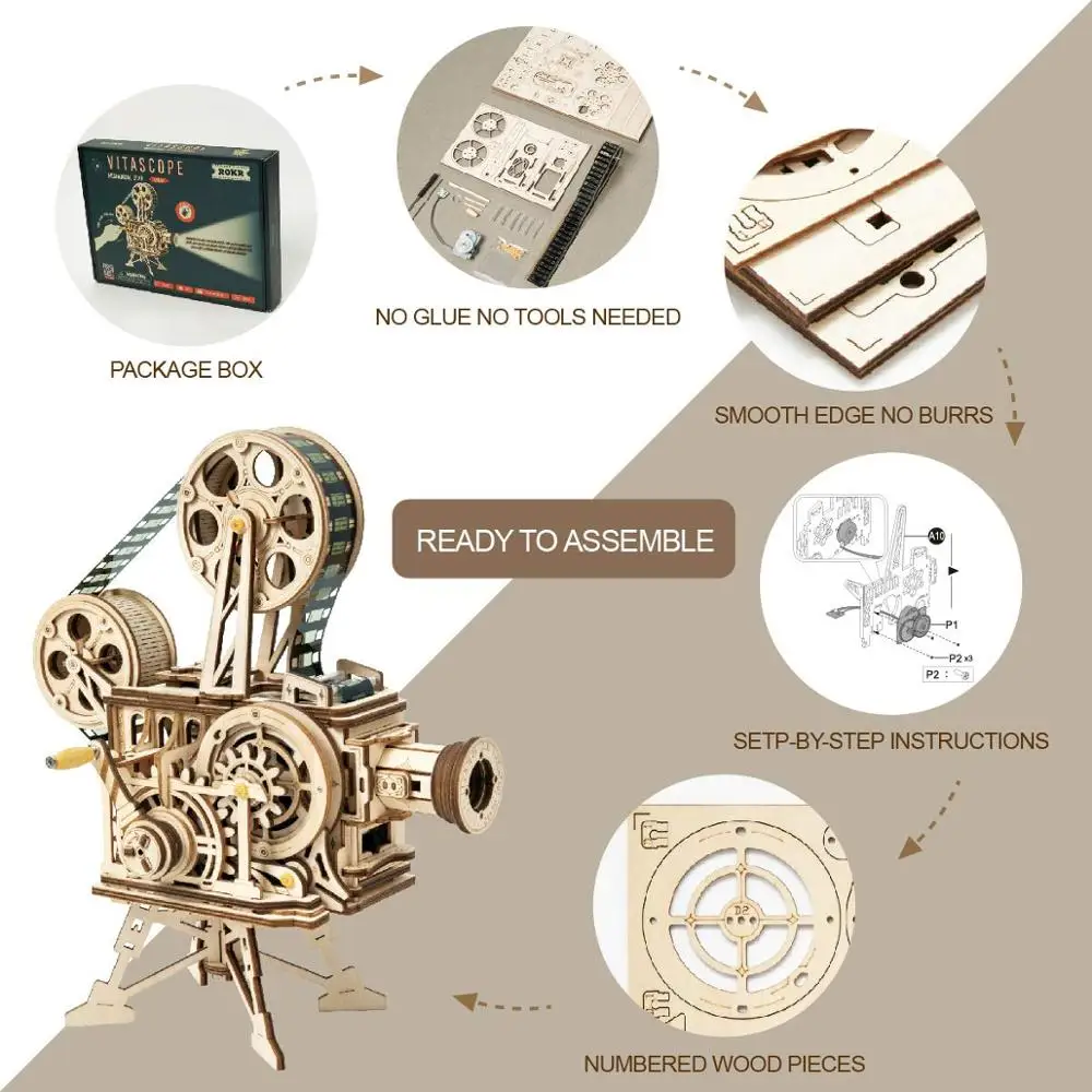 Robotime ROKR ручной Кривошип проектор Классическая пленка Vitascope 3D деревянная