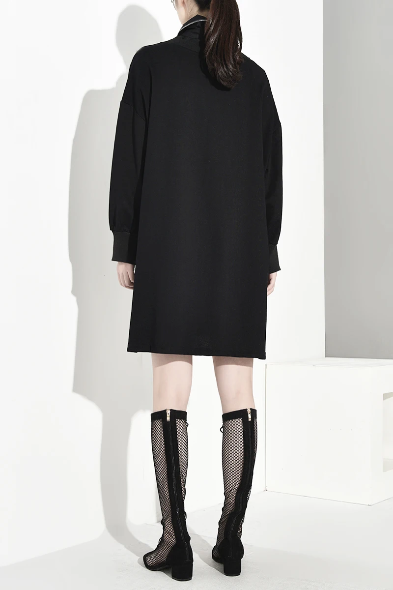 [EAM] женское черное трикотажное платье на молнии большого размера, новинка, с отворотами, с длинным рукавом, свободный крой, мода, весна-осень, 1B1940