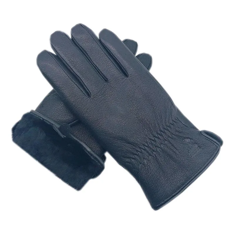 winter cycling gloves mens Winter men's 2020 new style deerskin thick wool gloves warmth soft and patternless deerskin gloves men gloves black lamb wool li driver gloves