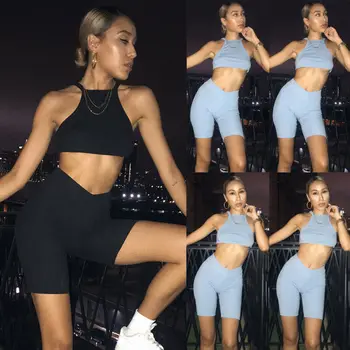 

2pcs Women Sportswear Sleeveless Crop Tops Vest Tank Shorts Fluorescent Bodycon Summer Sport Gym Set Outfits Suit 2019 Fashion
