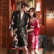 Женский пижамный комплект, шелковая японская юката для мужчин, парная одежда, журавль, кимоно, ночная рубашка для сна, пижама, костюм с нагрудной накладкой