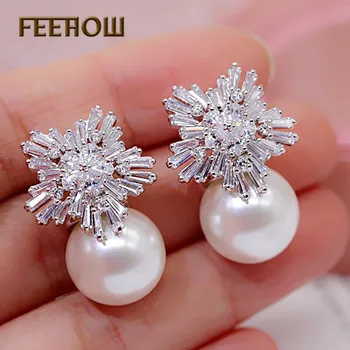 

FEEHOW Fashion Wedding Boucle D'oreille Jewelry Elegant Zircon Crystal Flower Pearl Earrings For Women Bridesmaid Gift FWEP075