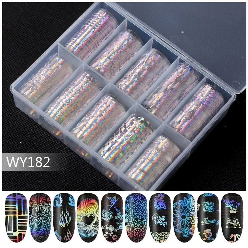 4*100cm 10 Rolls/Box Holographic Nail Foil Transfer Decal For Nails Stickers Leaf Panda Fire Flame Nail art Decoration