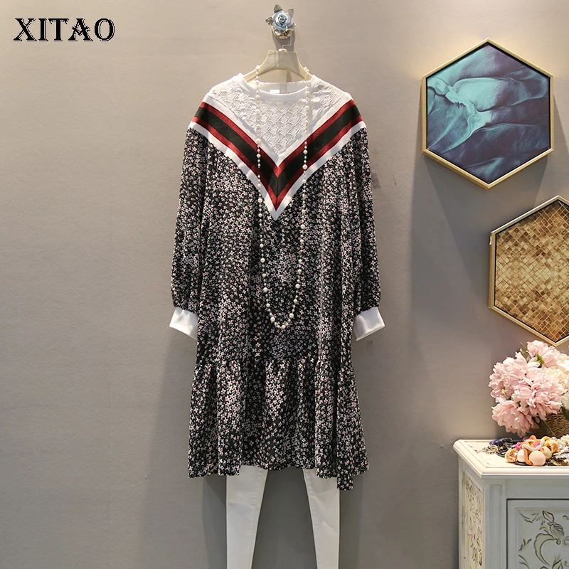 

XITAO Patchwork Lace Hit Color Print Dress Hollow Out Breathable Women Clothes 2019 Pullover Full Sleeve Midi Dress New WQR1839